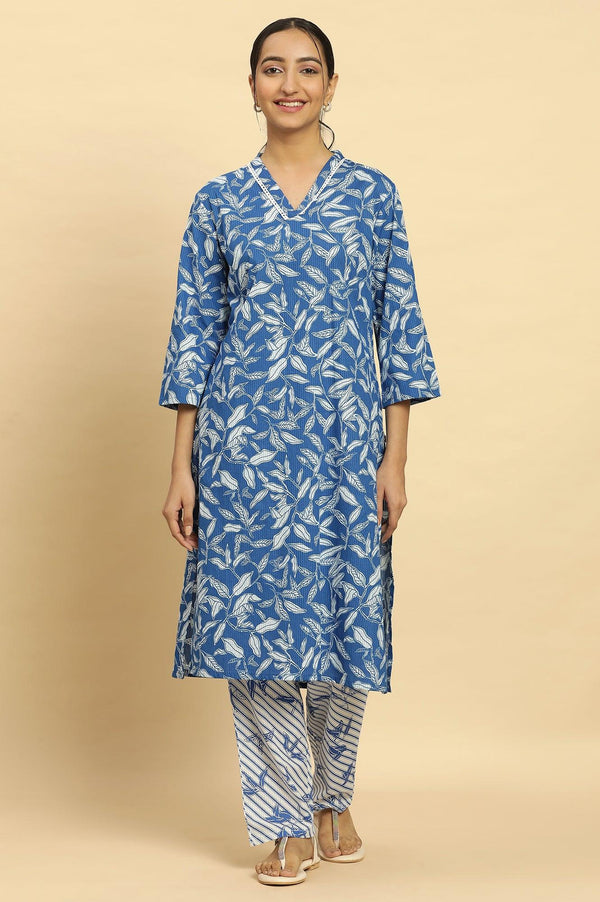 Blue Leaf Printed Straight Kurta And Pants Set