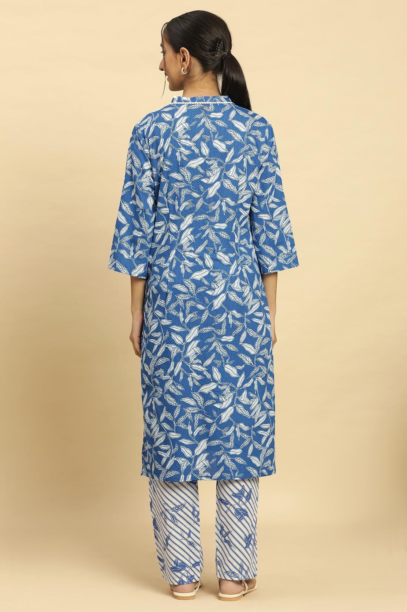 Blue Leaf Printed Straight Kurta And Pants Set - wforwoman