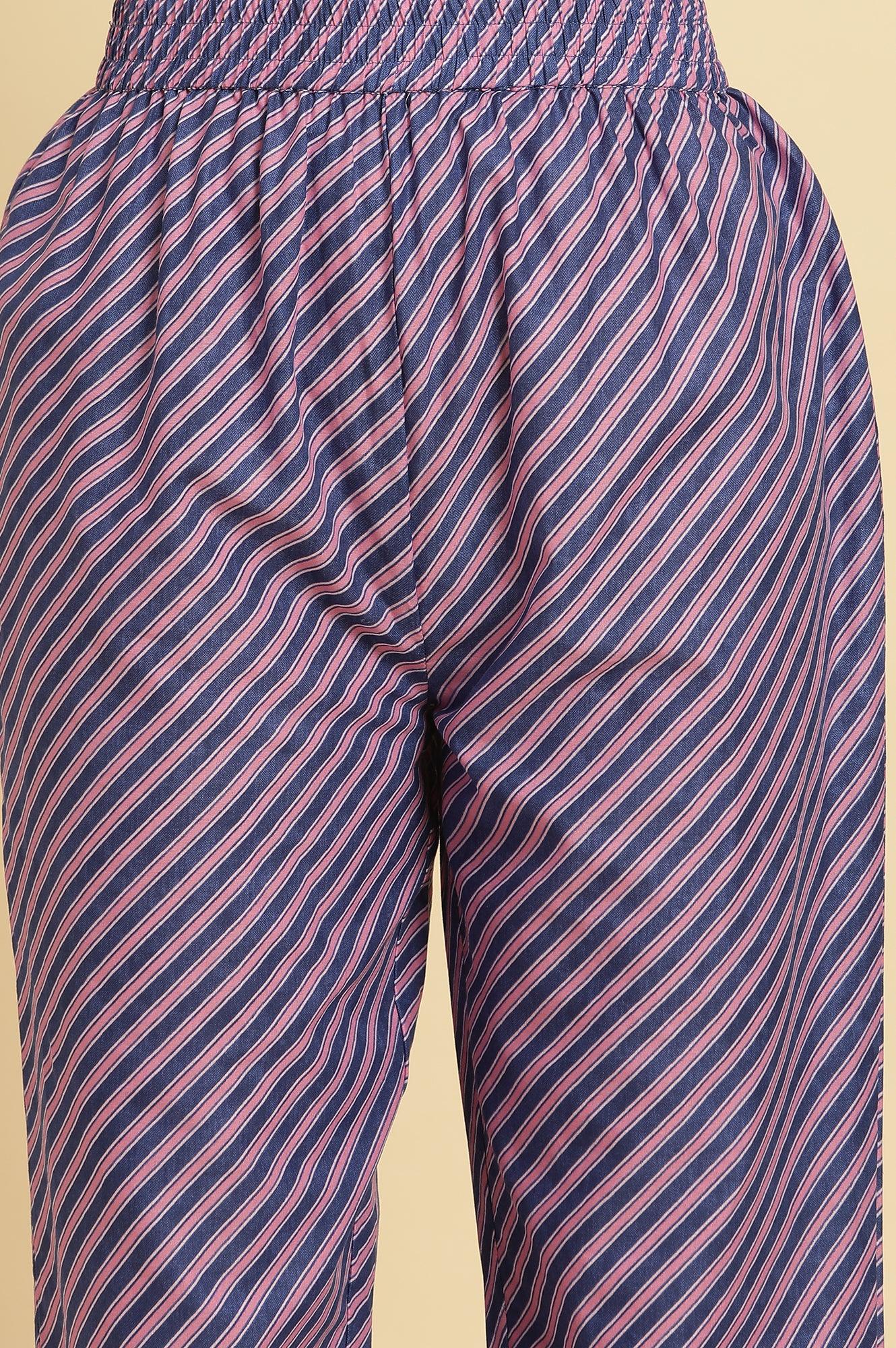Navy Blue Floral Printed Kurta And Stripe Pants Set - wforwoman