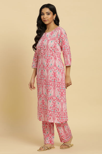 Pink Paisely Printed Coordinated Kurta, Pants And Dupatta Set