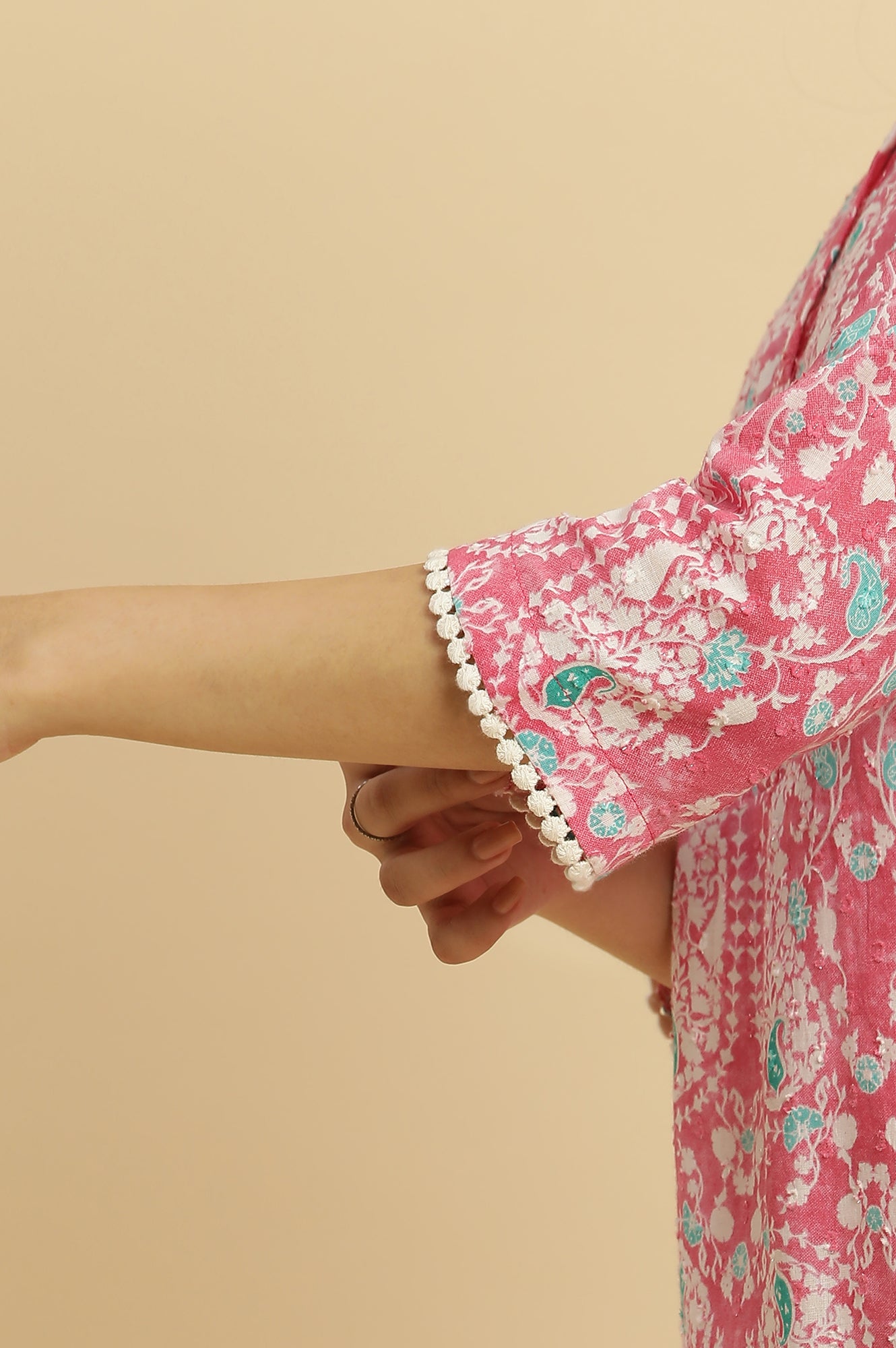 Pink Paisely Printed Coordinated Kurta, Pants And Dupatta Set