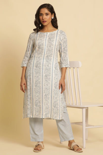 White Floral Printed Straight Kurta And Pants Set