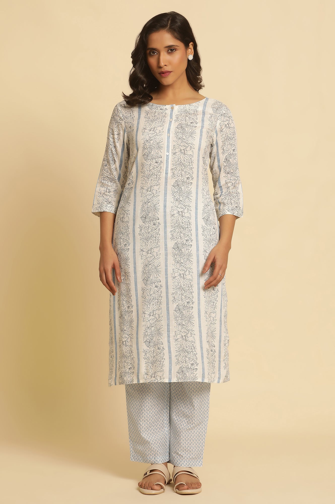 White Floral Printed Straight Kurta And Pants Set