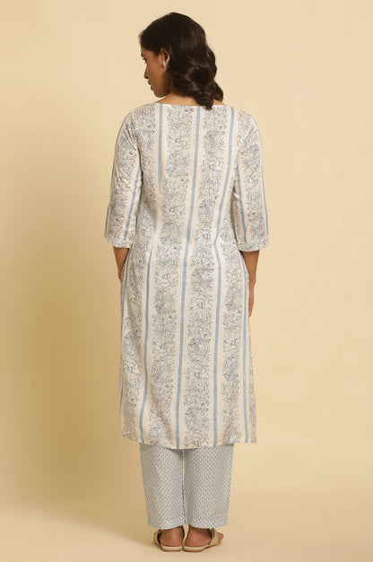 White Floral Printed Straight Kurta And Pants Set