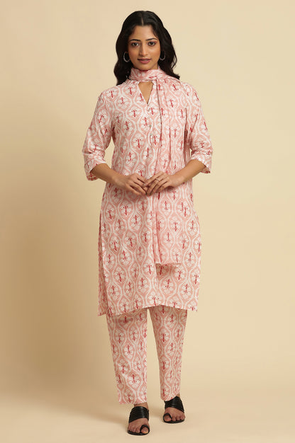 Light Pink Floral Printed Kurta, Pants And Dupatta Set