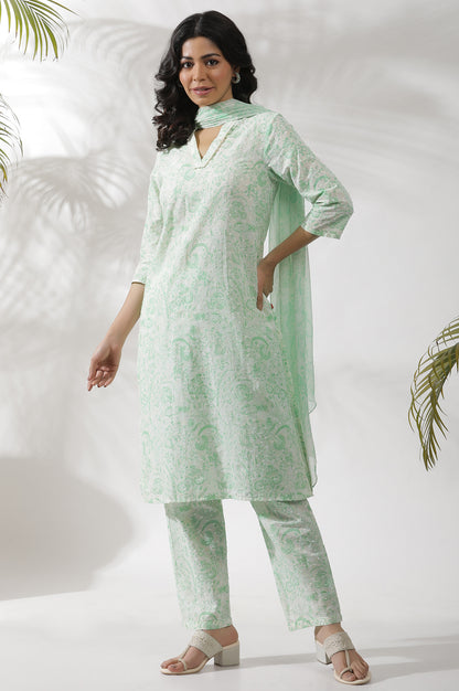 White And Green Floral Printed Kurta, Pants And Dupatta Set