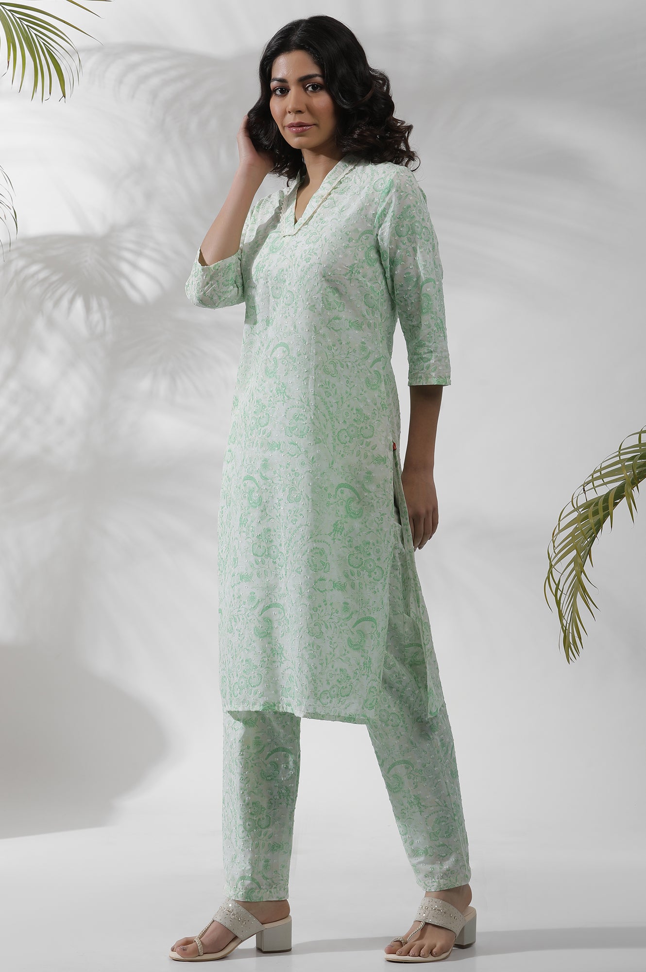 White And Green Floral Printed Kurta, Pants And Dupatta Set