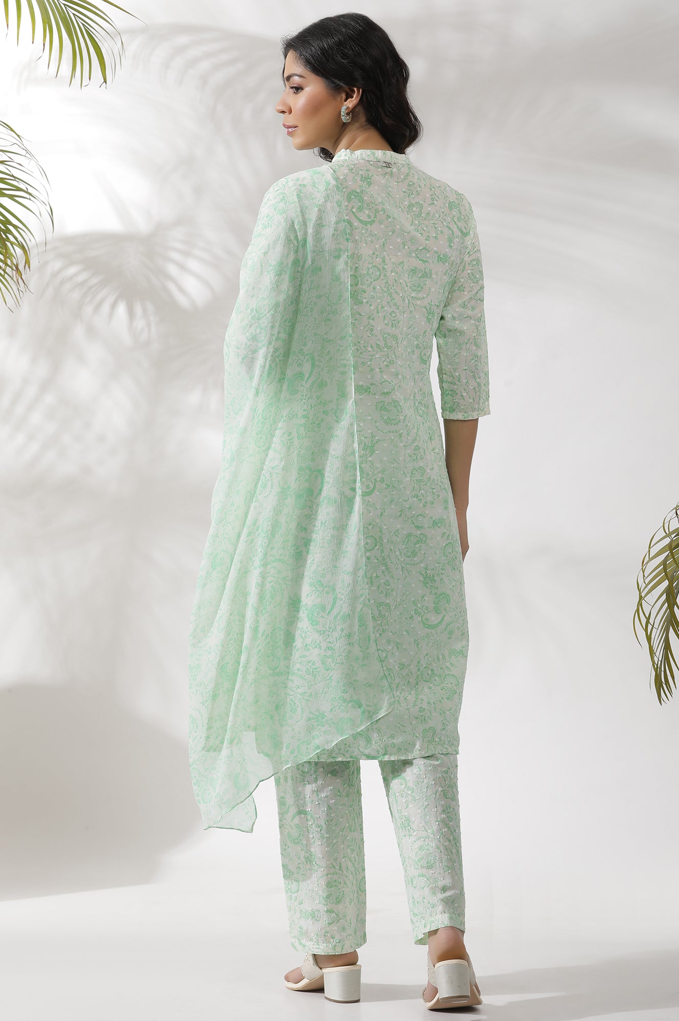 White And Green Floral Printed Kurta, Pants And Dupatta Set