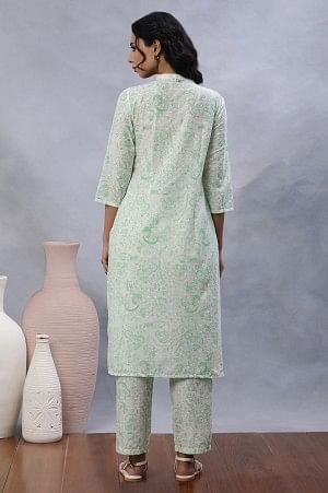 White And Green Floral Printed Kurta, Pants And Dupatta Set