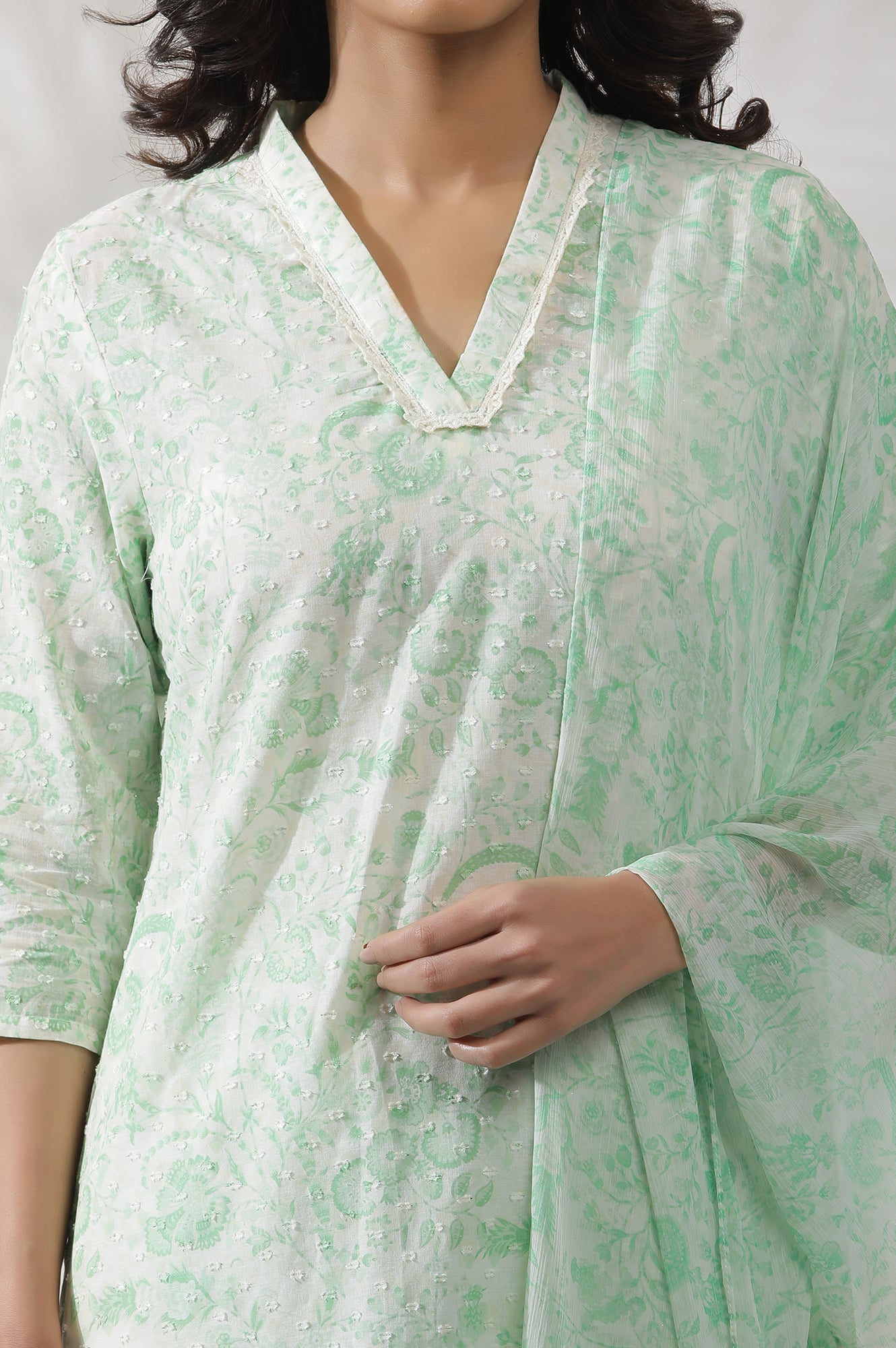 White And Green Floral Printed Kurta, Pants And Dupatta Set