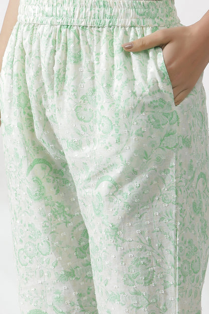 White And Green Floral Printed Kurta, Pants And Dupatta Set