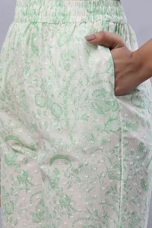 White And Green Floral Printed Kurta, Pants And Dupatta Set
