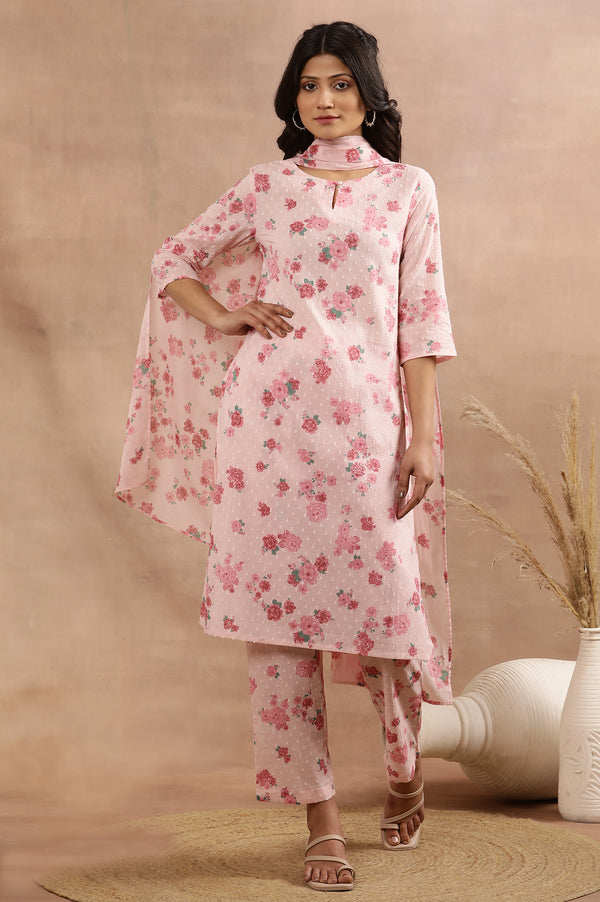 Pink Floral Printed Swiss Dot Kurta, Pants And Dupatta Set