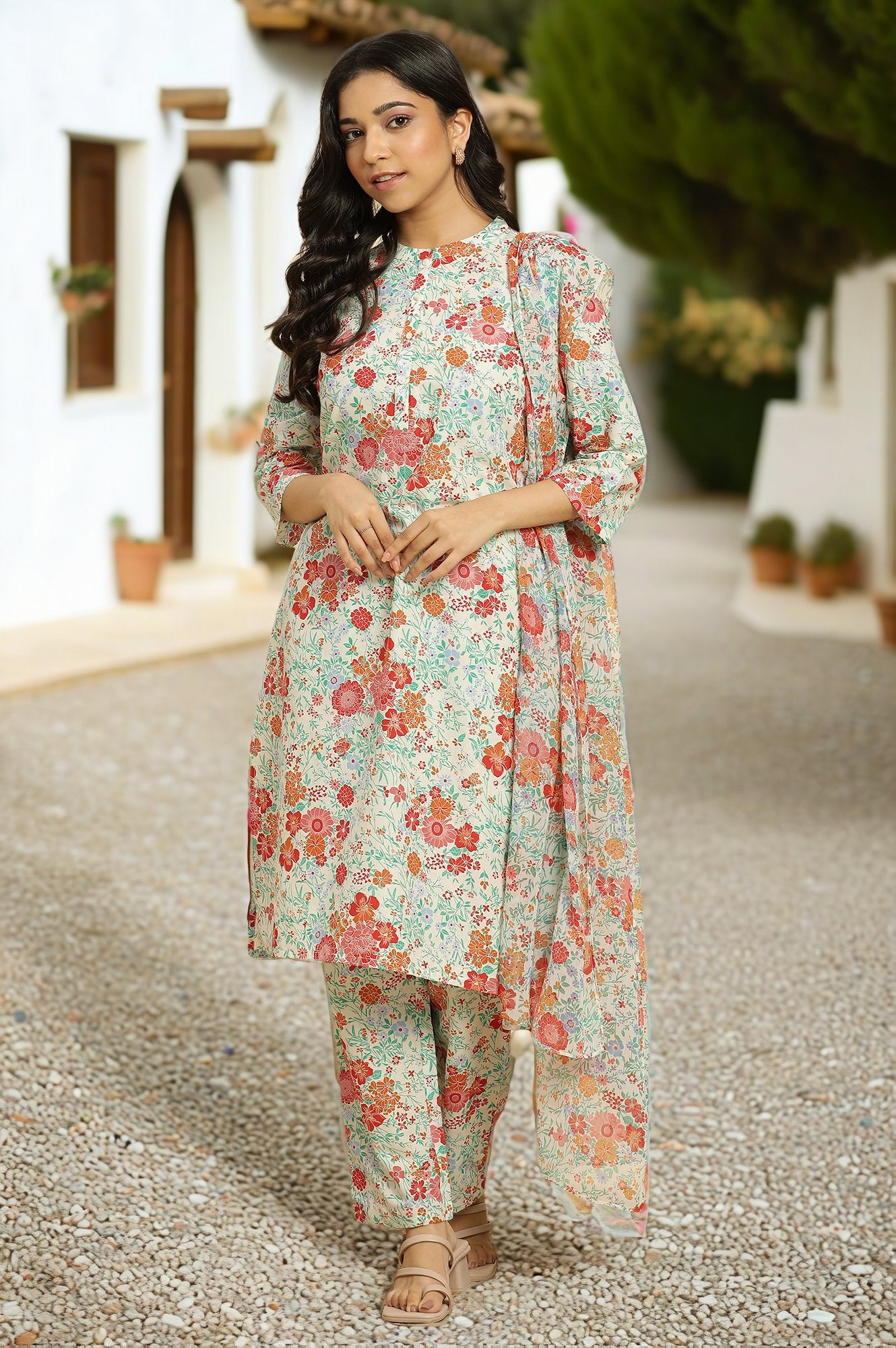 White Floral Printed Coordinated Kurta, Pants And Dupatta Set