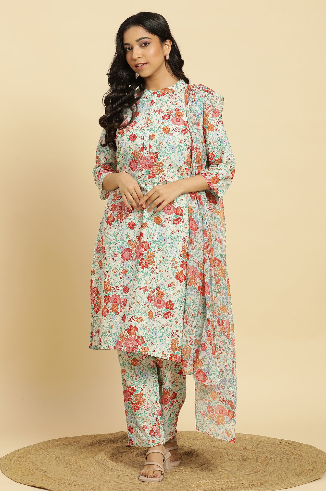 White Floral Printed Coordinated Kurta, Pants And Dupatta Set