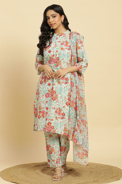 White Floral Printed Coordinated Kurta, Pants And Dupatta Set