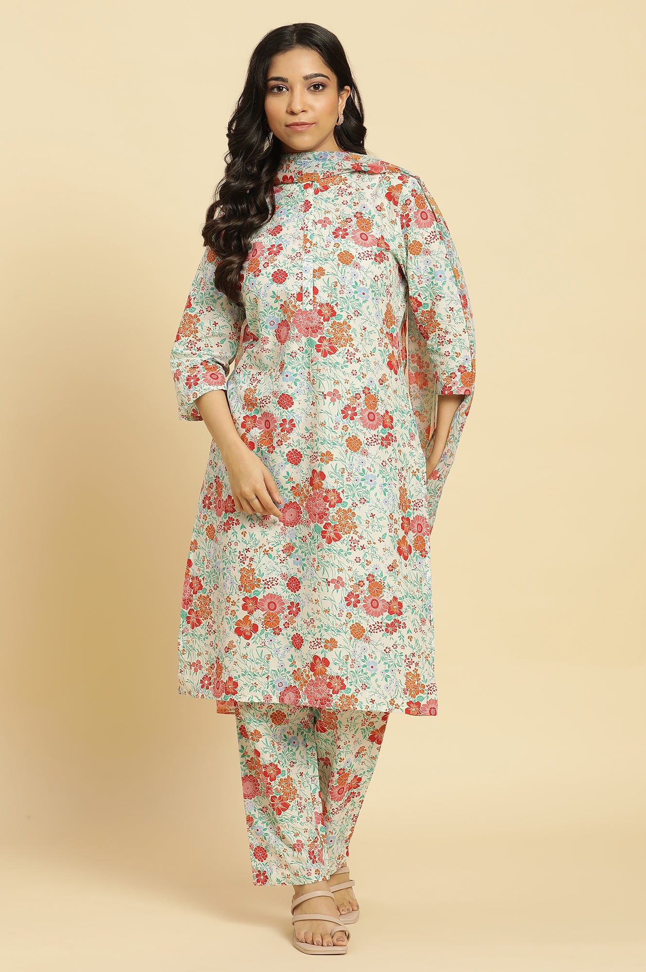 White Floral Printed Coordinated Kurta, Pants And Dupatta Set