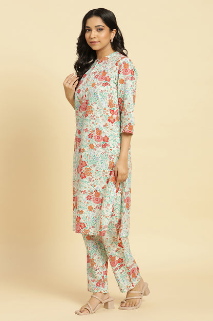 White Floral Printed Coordinated Kurta, Pants And Dupatta Set