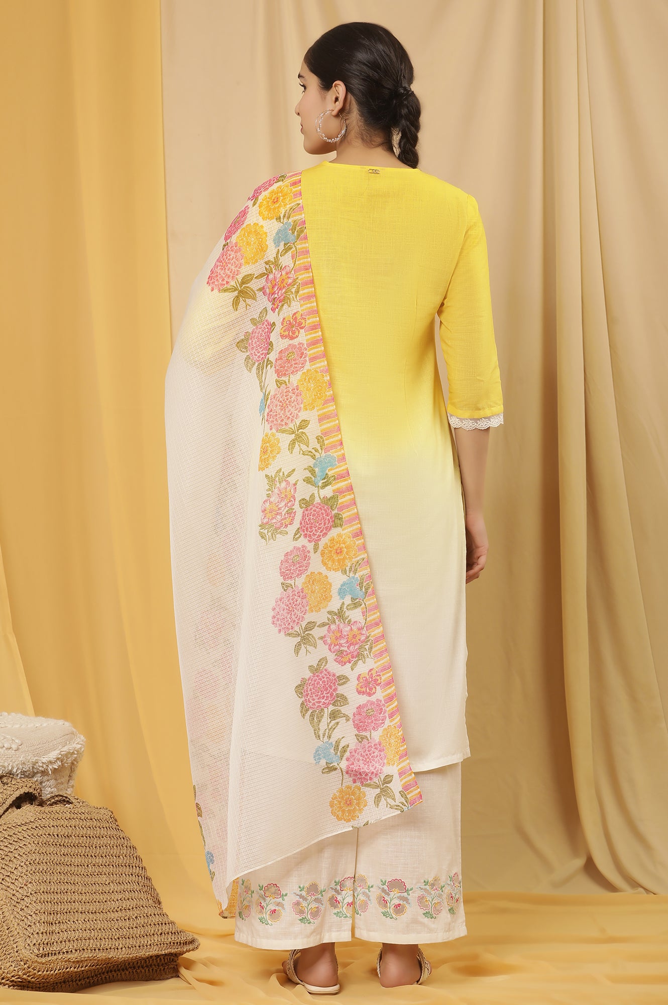 Yellow Ombre Embroidered Kurta, Pants And Dupatta Set