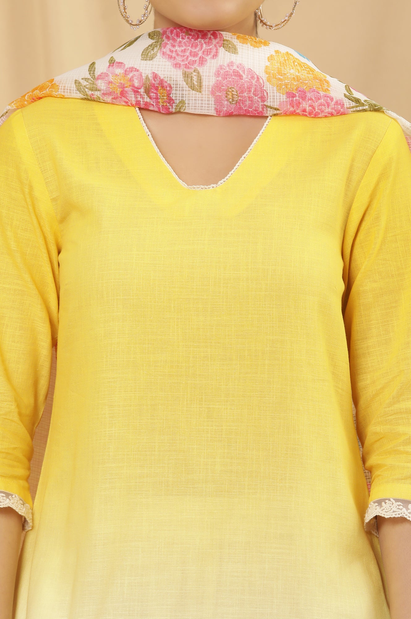 Yellow Ombre Embroidered Kurta, Pants And Dupatta Set