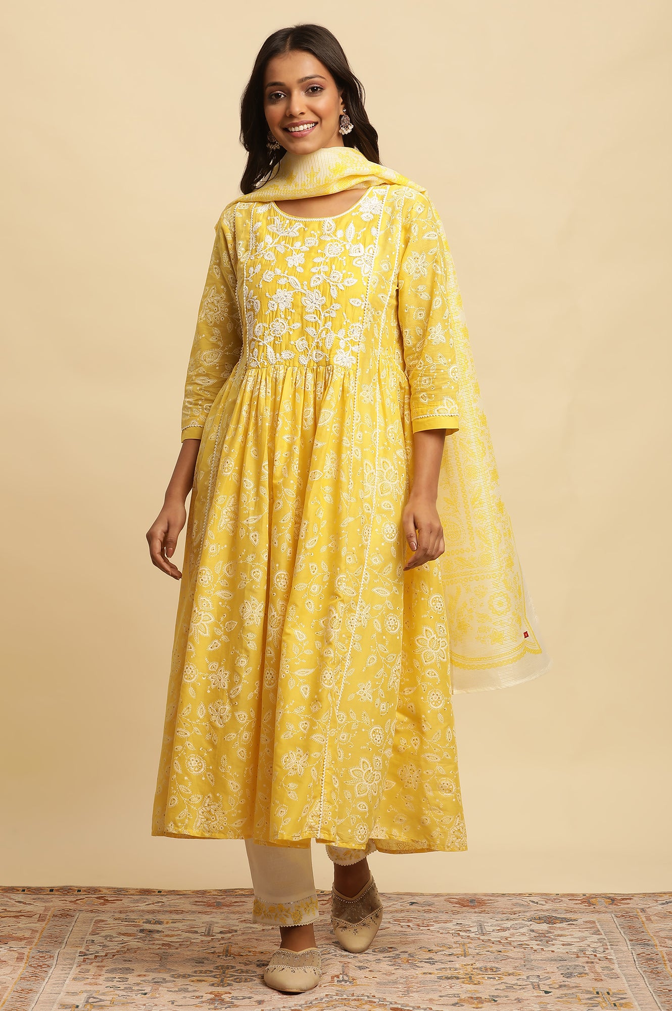 Yellow Floral Printed Gathered Kurta, Pants And Dupatta Set