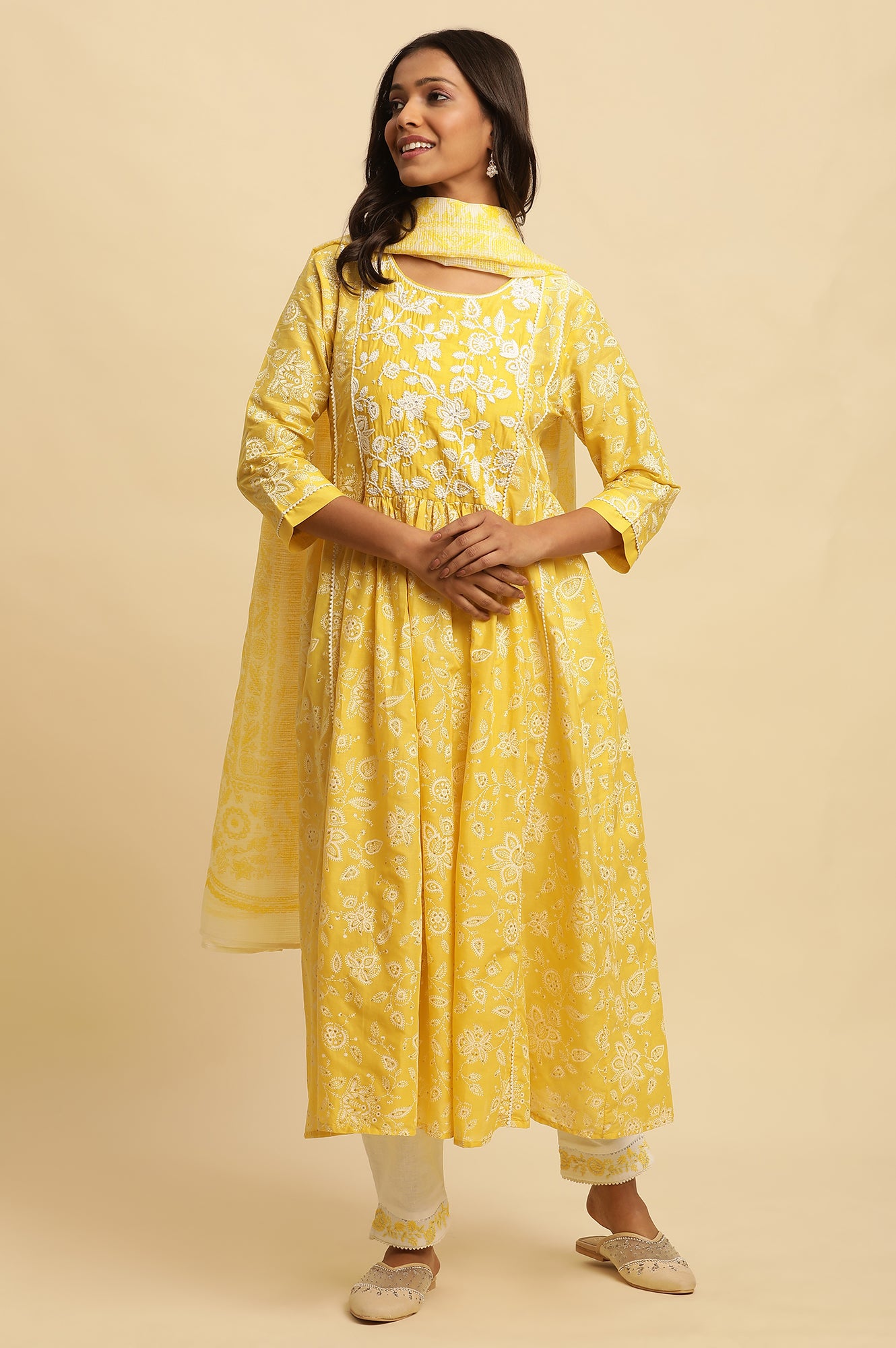 Yellow Floral Printed Gathered Kurta, Pants And Dupatta Set