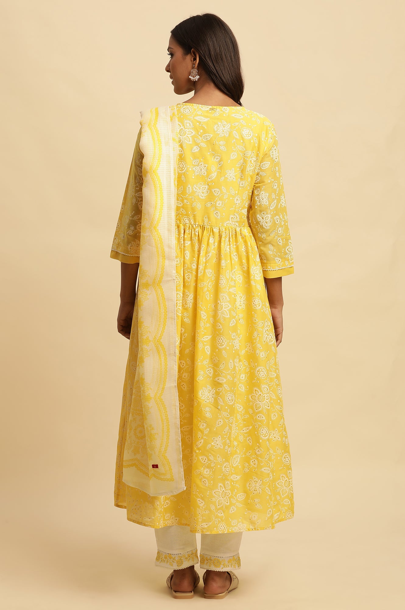 Yellow Floral Printed Gathered Kurta, Pants And Dupatta Set