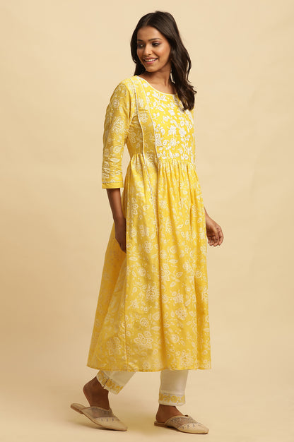 Yellow Floral Printed Gathered Kurta, Pants And Dupatta Set