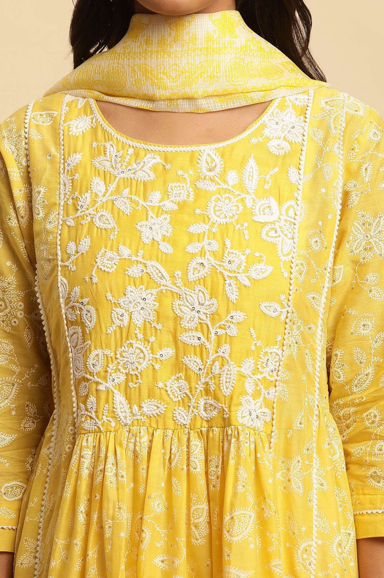 Yellow Floral Printed Gathered Kurta, Pants And Dupatta Set