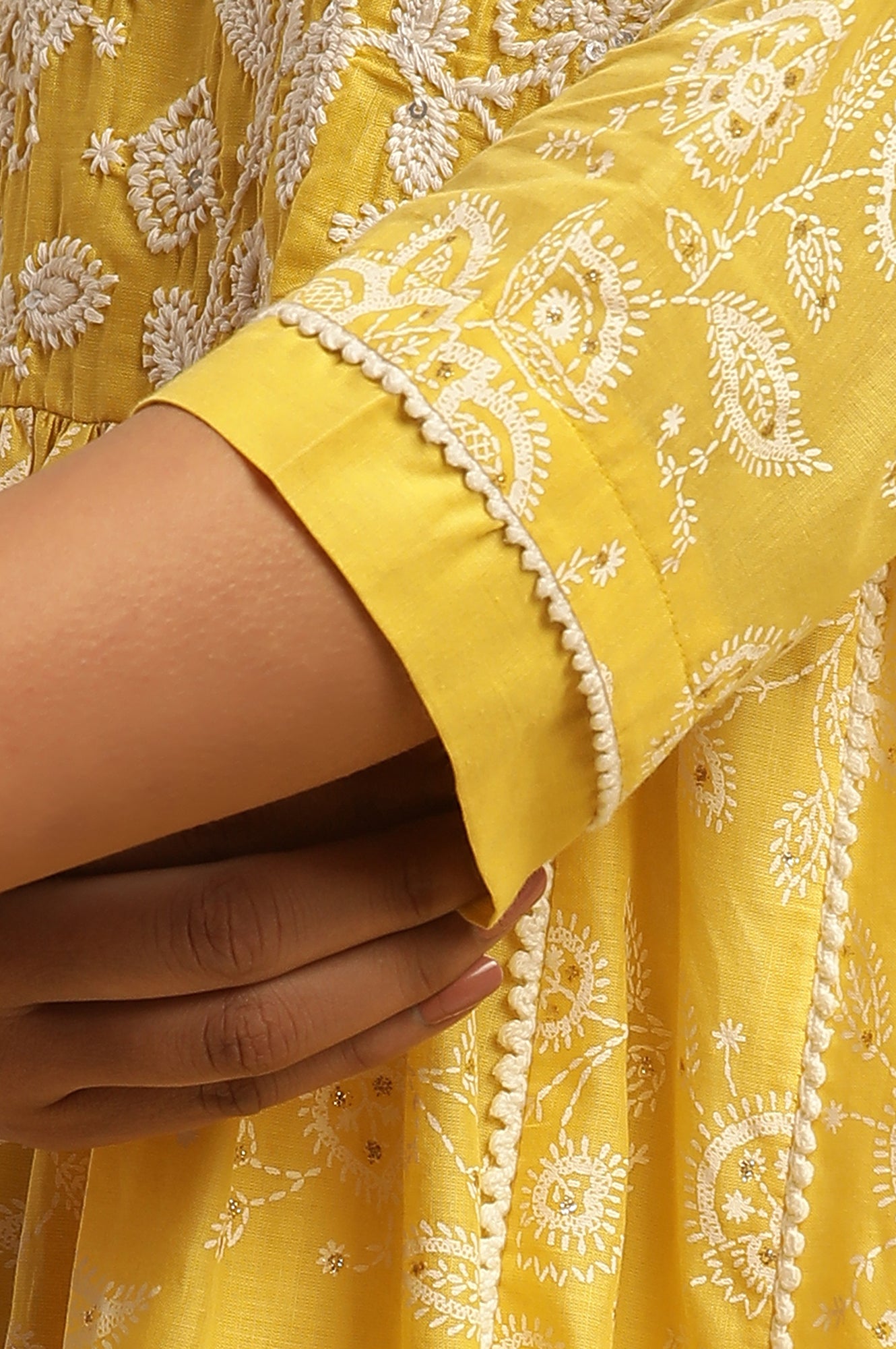 Yellow Floral Printed Gathered Kurta, Pants And Dupatta Set