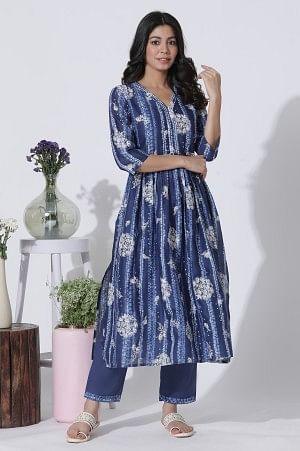 Deep Blue Gathered Tie-Dye Floral Printed Kurta - wforwoman