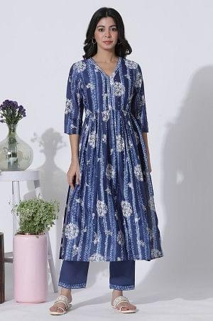 Deep Blue Gathered Tie-Dye Floral Printed Kurta - wforwoman