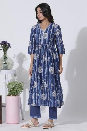 Deep Blue Gathered Tie-Dye Floral Printed Kurta - wforwoman