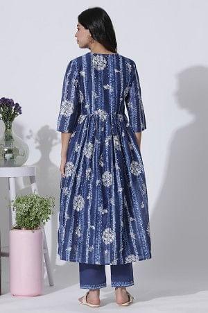 Deep Blue Gathered Tie-Dye Floral Printed Kurta - wforwoman