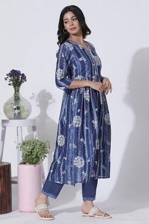 Deep Blue Gathered Tie-Dye Floral Printed Kurta - wforwoman