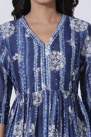 Deep Blue Gathered Tie-Dye Floral Printed Kurta - wforwoman