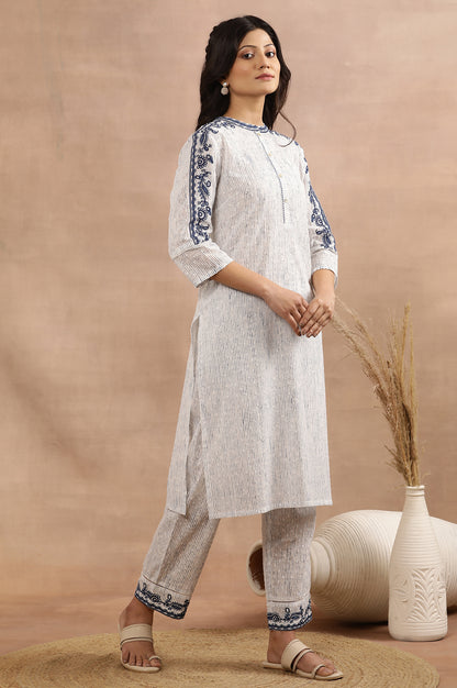 White And Blue Cotton Printed Kurta With Embroidery And Pants Set