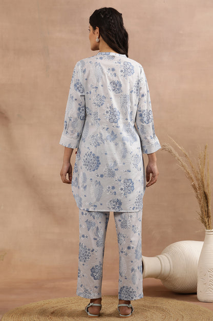 Light Blue Printed Short Kurta And Pants Co-Ord Set