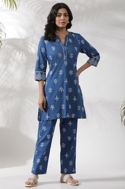 Blue Printed Cotton Kurta And Pants Co-Ord Set