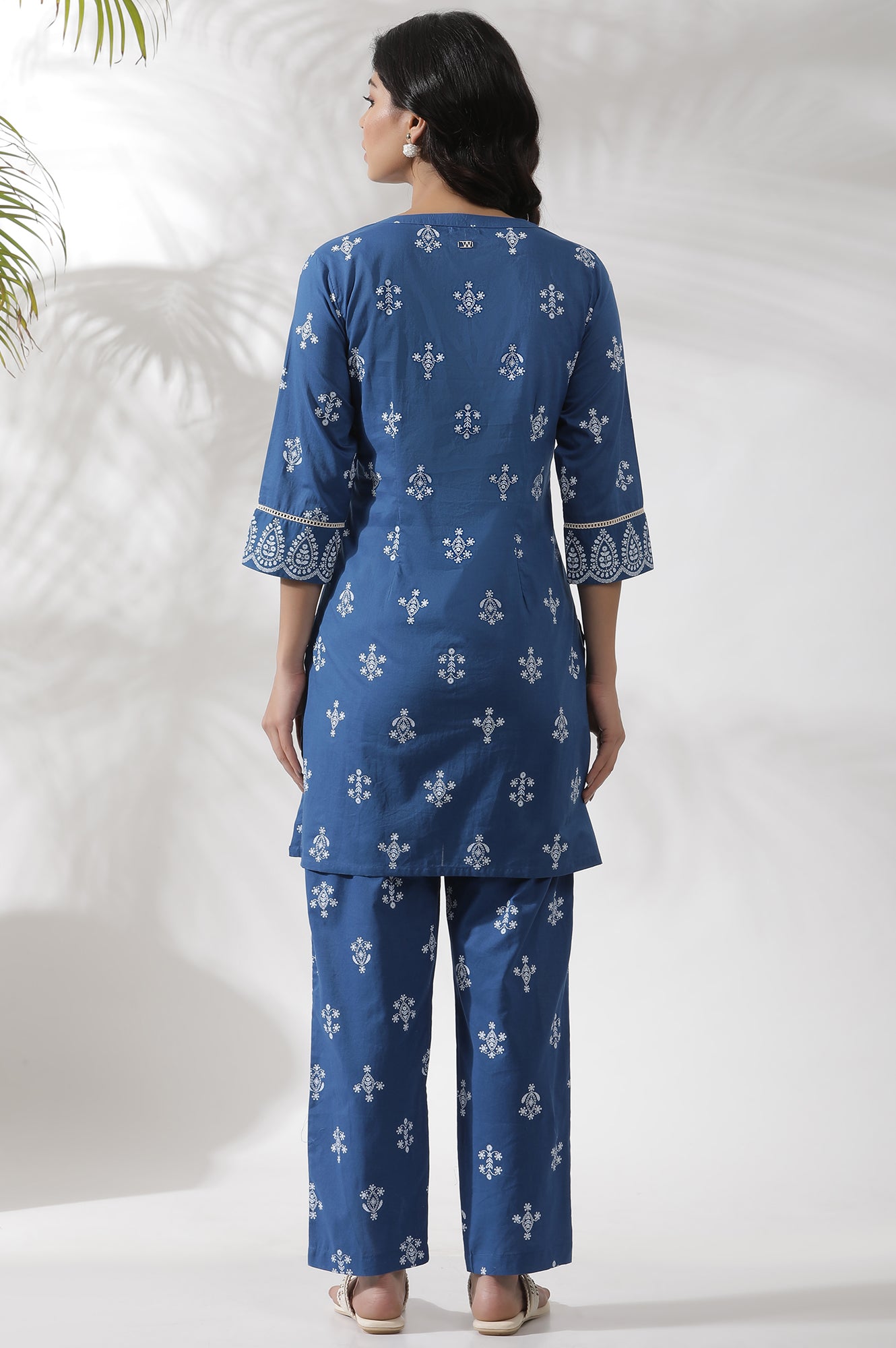 Blue Printed Cotton Kurta And Pants Co-Ord Set