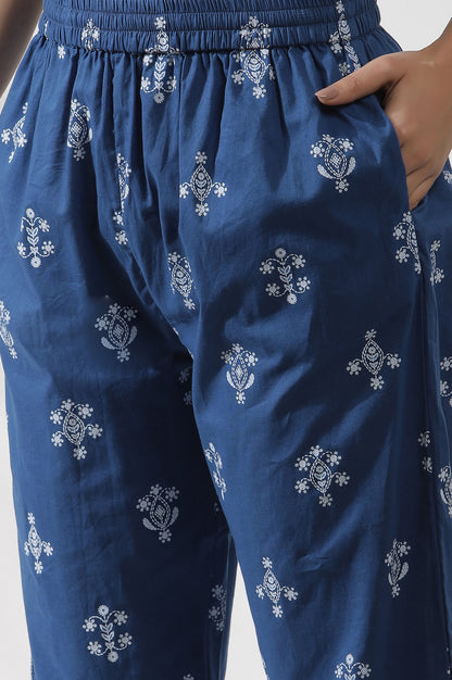 Blue Printed Cotton Kurta And Pants Co-Ord Set