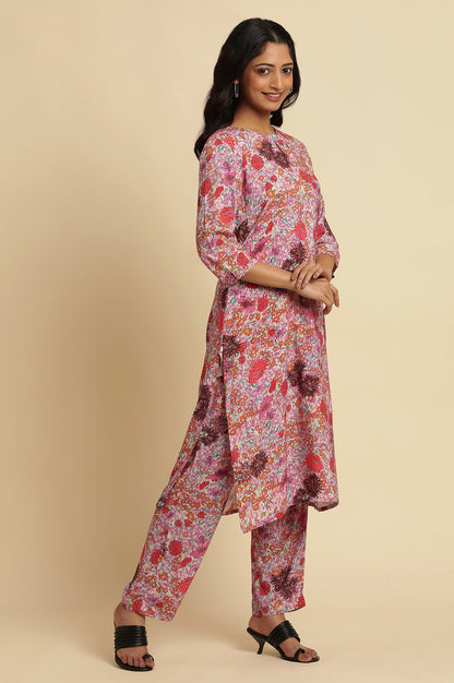 Pink Floral Printed Rayon Kurta, Pants And Dupatta Set