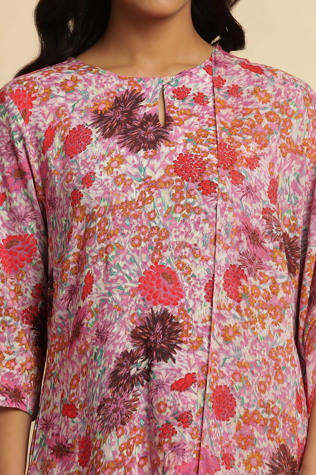 Pink Floral Printed Rayon Kurta, Pants And Dupatta Set