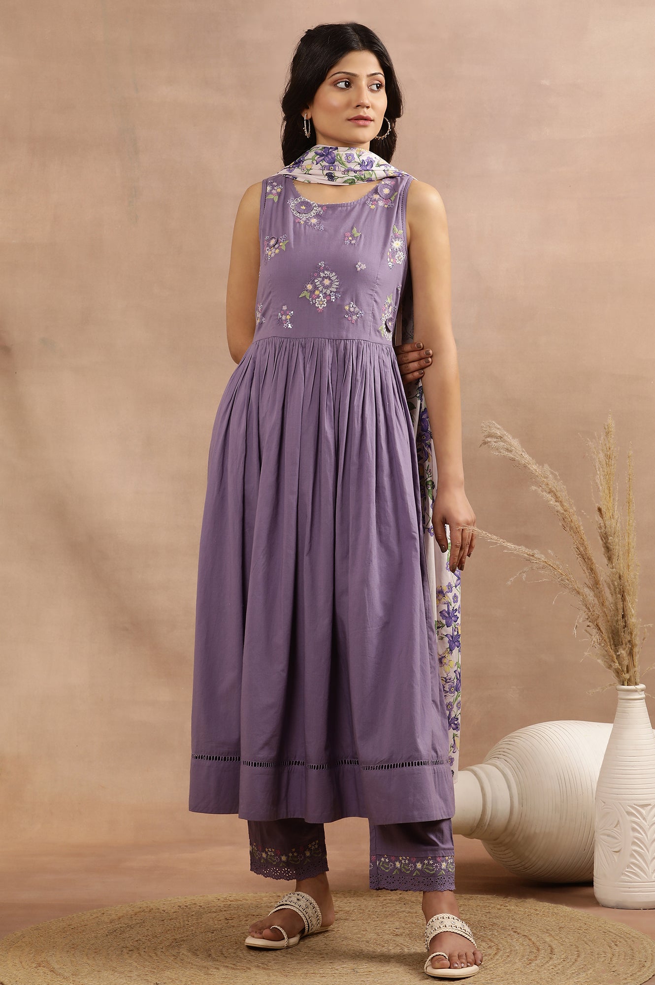 Purple Embroidered A-Line Kurta, Pants And Printed Dupatta Set