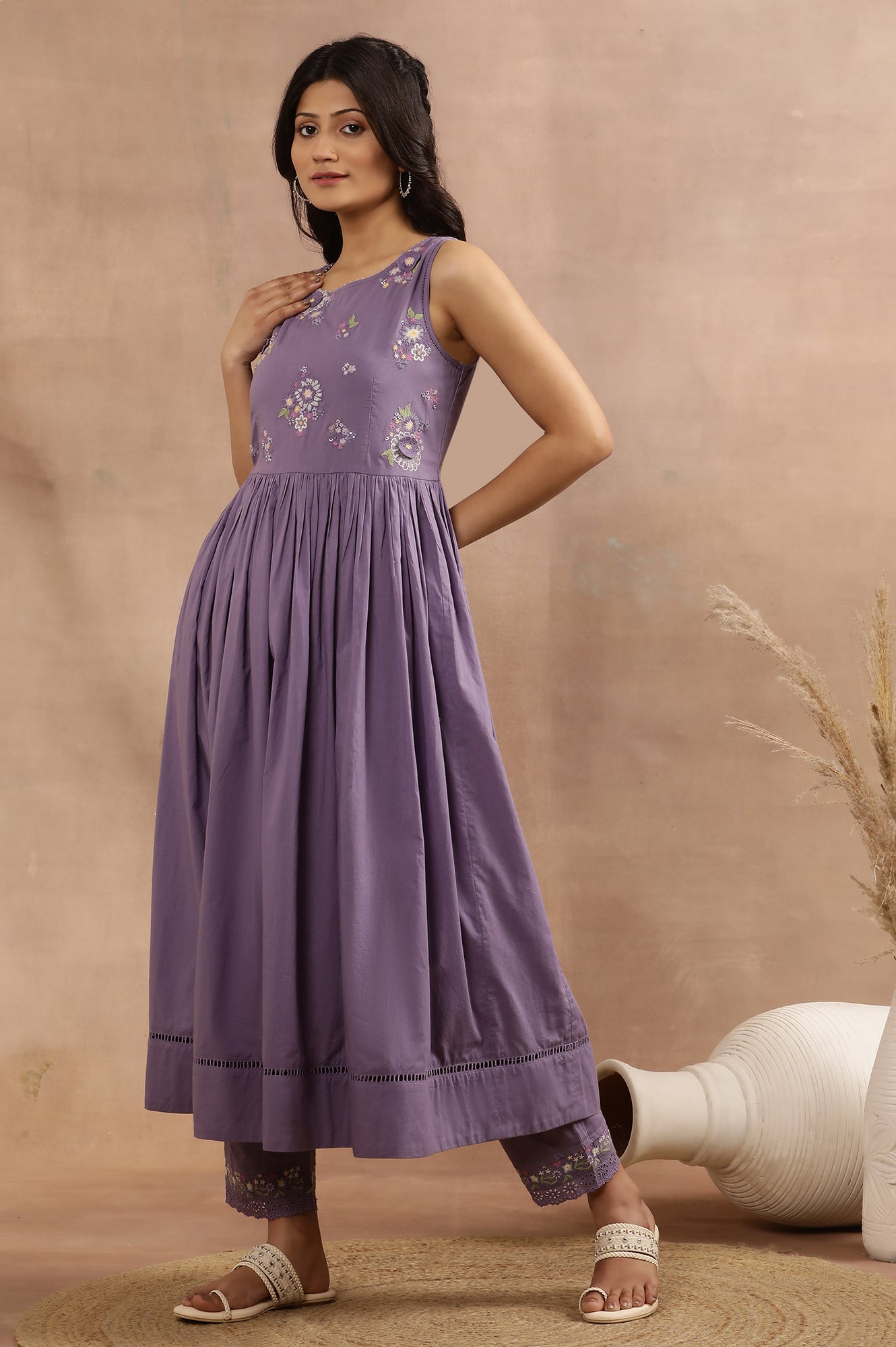 Purple Embroidered A-Line Kurta, Pants And Printed Dupatta Set