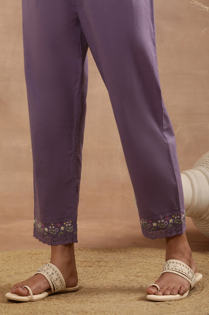 Purple Embroidered A-Line Kurta, Pants And Printed Dupatta Set