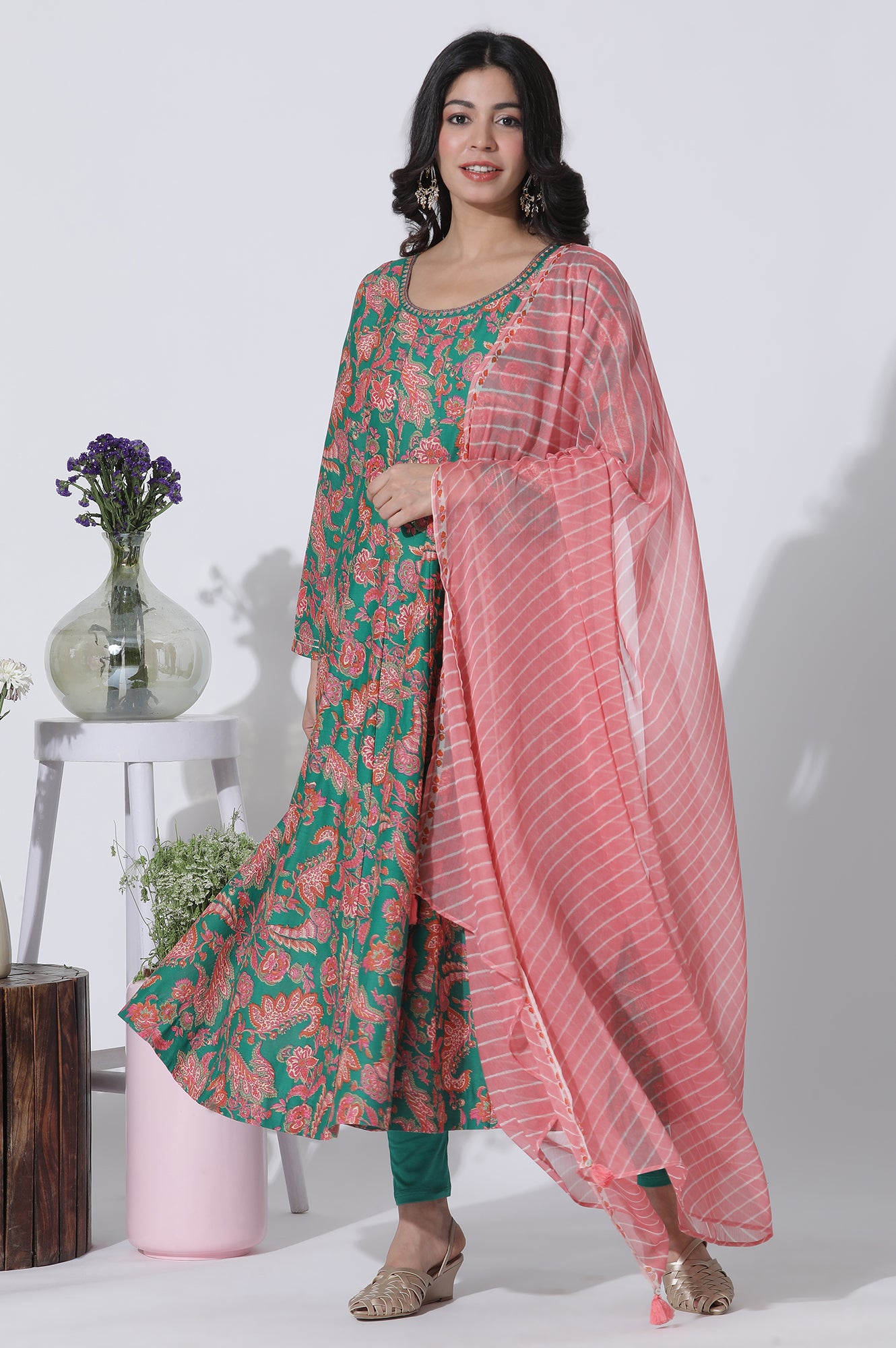 Green Floral Printed Anarkali Kurta, Tights And Dupatta Set