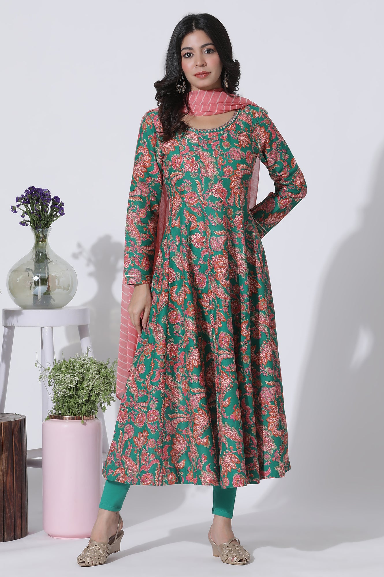 Green Floral Printed Anarkali Kurta, Tights And Dupatta Set