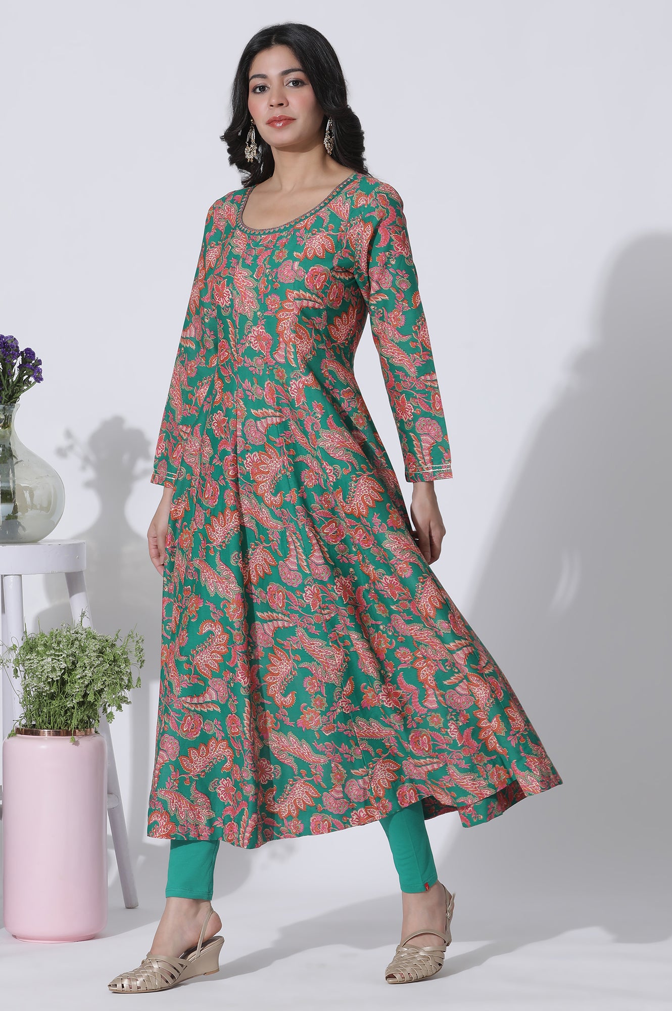 Green Floral Printed Anarkali Kurta, Tights And Dupatta Set