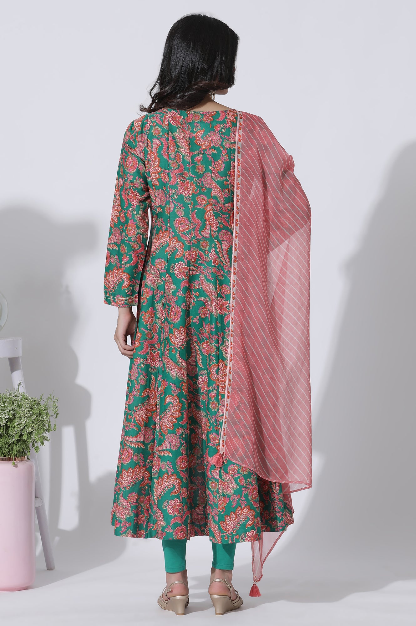 Green Floral Printed Anarkali Kurta, Tights And Dupatta Set